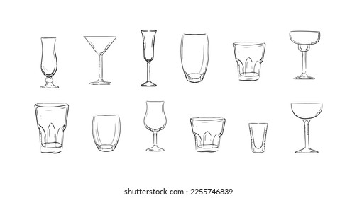 Glasses for cocktails set. Exquisite glassware for martini and vodka drinks with added liqueurs in parties and clubs vector presentations