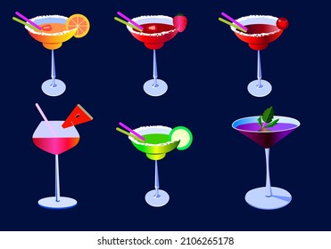 Glasses with cocktails set with orange strawberry cherry lime watermelon and green mint leaf Vector illustration for advertising banner for the design of the menu of restaurants and cafes