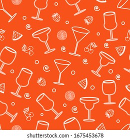 Glasses for cocktails and various fruits on a orange background. White lines. Seamless pattern. For fabric, wallpaper, print,site,, cover.