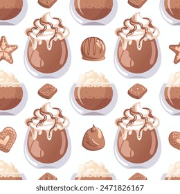 Glasses of coffee and cocoa, chocolates. Vector food illustration in realistic style. Seamless pattern for menu, cafe, wrapping paper, product design, wallpaper. Coffee shop, drink, beverage concept.