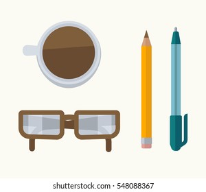 Glasses, coffee cup, pen and pencil. Icon set of office tools, work accessories. Vector icon set in flat design. Business graphic illustration isolated on white background.