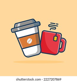 Glasses of coffee and tea cartoon vector, flat style vector illustration.
