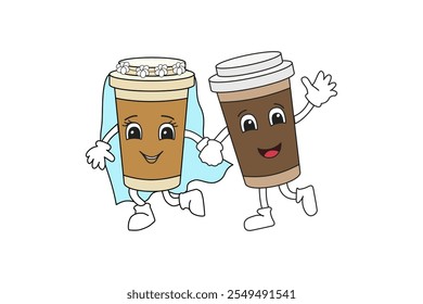 Glasses of coffee at the wedding. Coffee is running and smiling on a white background. A vector illustration drawn by hand.