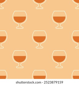 Glasses of cognac seamless pattern. White and orange outline icons on pastel background. Best for textile, bar decoration, wallpapers, wrapping paper, package and web design.
