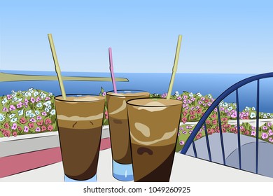 Glasses with cold coffee drink Frappe on the background of the sea. Summer cafe. Pleasant rest. 