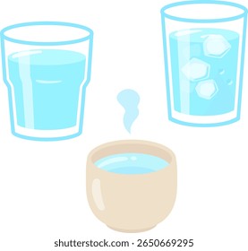 Glasses of cold water, hot water, and room temperature water