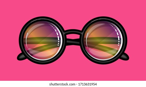 Glasses with colored lenses in a round frame on a pink background. Vector illustration