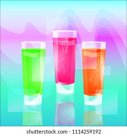 copas de bebidas coloridas con cubos de hielo, conjunto de cócteles tropicales de verano aislados en fondo multicolor