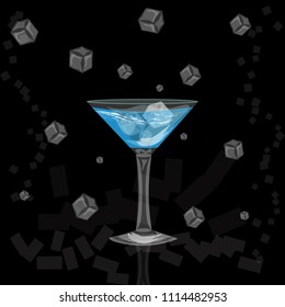 glasses of colorful drinks with ice cubes, summer tropical cocktail isolated on black background