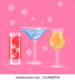 glasses of colorful drinks with ice cubes, set of summer tropical cocktail isolated on pink background