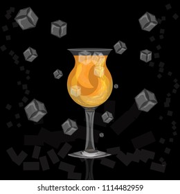 glasses of colorful drinks with ice cubes, summer tropical cocktail isolated on black background