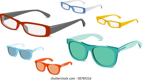 Glasses! - Colorful sight glasses and sunglasses isolated on white. Vector illustration. Suitable for internet, advertising, editorial graphics, publications. See others on "Objects" set.