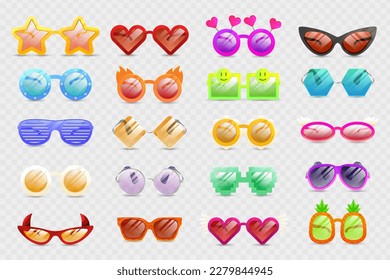 Glasses colorful vector set illustration. Carnival Glasses Realistic Set. Glasses summer symbol. Glasses set for traveling design.