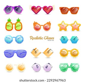 Glasses colorful vector set illustration. Carnival Glasses Realistic Set. Glasses summer symbol. Glasses set for traveling design.