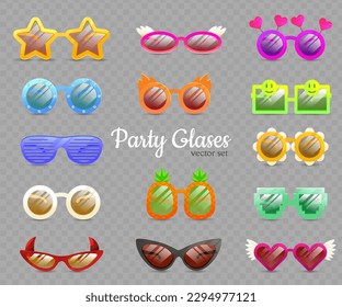 Glasses colorful vector set illustration. Carnival Glasses Realistic Set. Glasses summer symbol. Glasses set for traveling design.