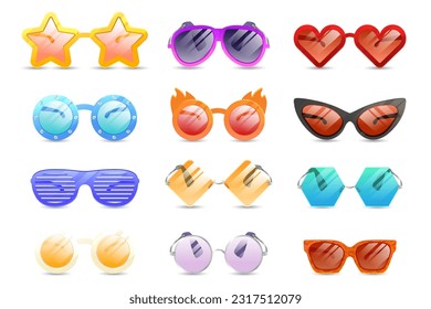 Glasses colorful vector set illustration. Carnival Glasses Realistic Set. Glasses summer symbol. Glasses set for traveling design.