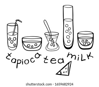 Glasses and containers with tapioca, milk, tea, coffee and chocolate. Graphics. For food design and advertising