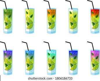 Glasses containing colorful cocktails, with lime, ice and straw in many summer colors