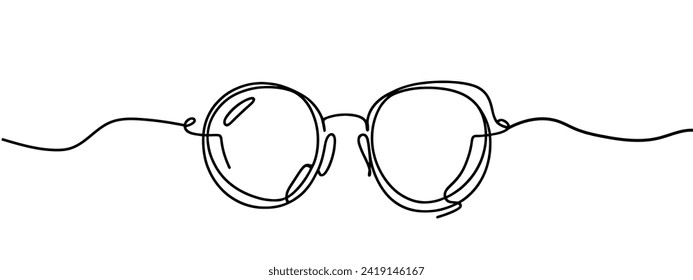 Glasses in continuous line art drawing style. Front view of eyeglasses minimalist black linear sketch isolated on white background. Vector illustration