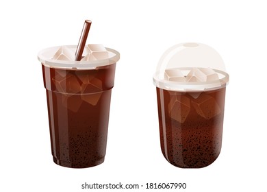  Glasses of cool black tea with cube ice and straw .Vector illustration on white background.