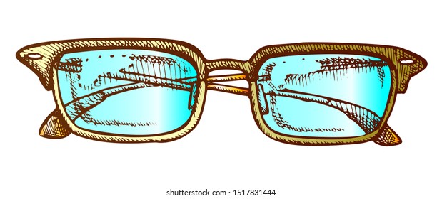 Glasses Corrective Vision Accessory Color Vector. Men Optical Diopter Glasses For Reading And Good Eyesight. Stylish Spectacles Engraving Template Designed In Vintage Style Illustration