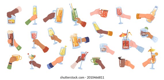 Glasses and cups with alcohol and hot beverages. Isolated hands cheers, celebration and festivity. Cocktails and beer, wine and champagne, coffee and tea, leisure holiday set. Flat cartoon vector