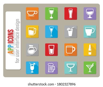 Glasses and cups icons set in flat design with long shadow