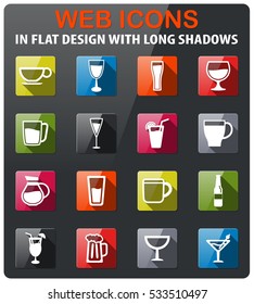 Glasses and cups icons set in flat design with long shadow