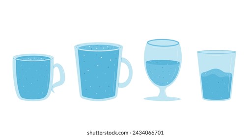Glasses and cups of still and fizzy water set isolated on white background. Fresh clean drink. Aqua healthy cold beverage. Stay hydrated. Vector flat illustration.