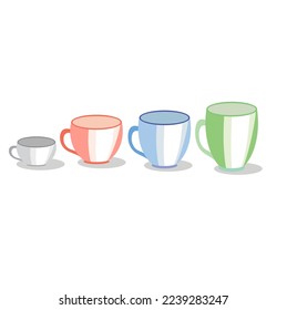 Glasses and cups of various sizes. Cup. Porcelain cup. Tea cup. Coffee glass. Vector Illustration.