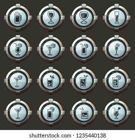 Glasses and cups vector icons in the stylish round buttons for mobile applications and web