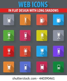 Glasses and cups web icons in flat design with long shadows