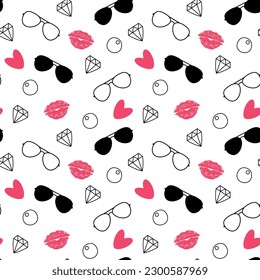 Glasses diamond heart lips and bubble gum seamless pattern. Modern design on white background.  Vector illustration.