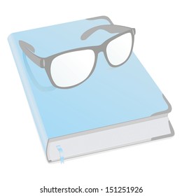 Glasses and diary for business mans, women, boys and girls with. Book for recording deeds. Copybook in blue with a bookmark and shadows. To schedule a businessman. Vector illustration.