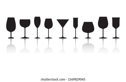 Glasses for different alcohol drinks. Black silhouettes with reflection isolated on white background. Vector illustration