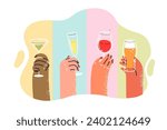 Glasses with different alcohol drinks in hands people, for advertising restaurant bar or cool youth party with drinks. Assortment alcohol for fun hangout with champagne and martinis or beer and wine