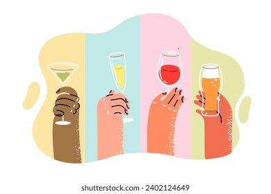 Glasses with different alcohol drinks in hands people, for advertising restaurant bar or cool youth party with drinks. Assortment alcohol for fun hangout with champagne and martinis or beer and wine