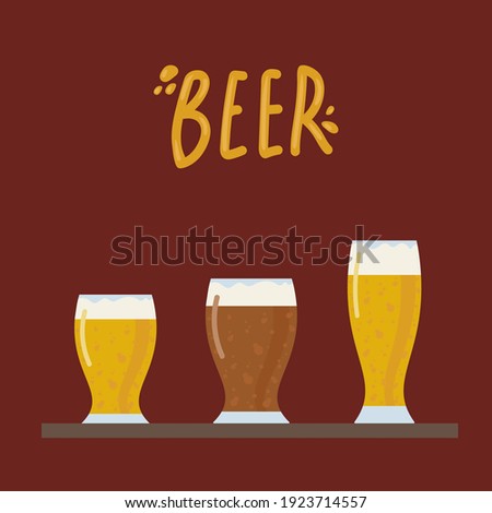 Glasses of different beers. Illustration for the bar menu. Low-alcohol and non-alcoholic foaming drinks. Vector poster for a pub. Vector illustration