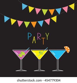Glasses with different cocktails. Triangle paper flags. Black background. Colorful flag set hanging on rope. Cocktail party card. Flat design. Vector illustration