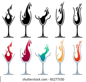 Óculos com diferentes bebidas. Versões coloridas e monocromáticas.