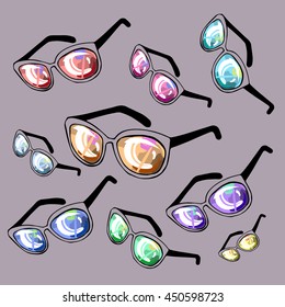 Glasses with different lenses. Reflection in glasses. Vector elements.