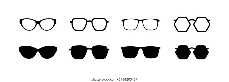 Glasses different shapes. Vector collection of modern eyeglasses. various stylish sunglasses and eyeglasses silhouettes . Set glasses sunglasses  Vector . eps10