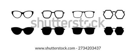 Glasses different shapes. Vector collection of modern eyeglasses. various stylish sunglasses and eyeglasses silhouettes . Set glasses sunglasses  Vector . eps10
