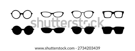 Glasses different shapes. Vector collection of modern eyeglasses. various stylish sunglasses and eyeglasses silhouettes . Set glasses sunglasses  Vector . eps10