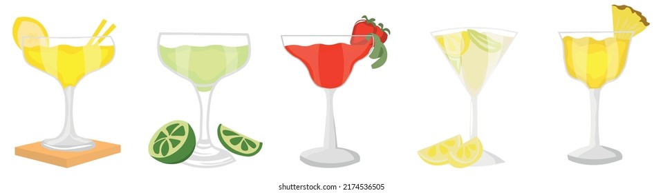 Glasses of different tasty daiquiri cocktails on white backgroun