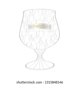 glasses of different types collected in the center of gray on a white background