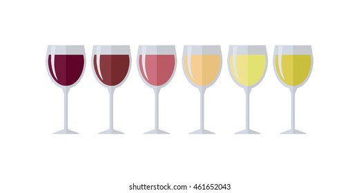 Glasses with different types of wine. Degustation or tasting. Check elite vintage strong vine. Winemaking concept. Vine icon or symbol. Part of series of viniculture production items. Vector