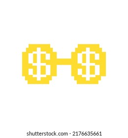 Glasses With Dollar Sign. Isolated Pixel Style On White Background. Vector 