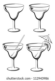 Glasses with drink, set: empty, with a drink, with a kiwifruit and straw. Symbolical pictogram, black contour on white background. Vector