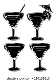 Glasses with drink, set: empty, with a drink, with a kiwifruit and straw. Symbolical pictogram, black contour on white background. Vector